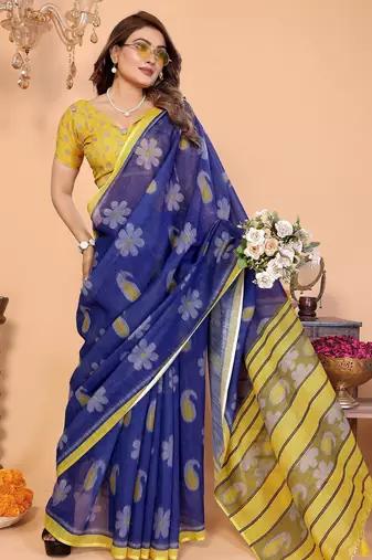 Soft linen cotton printed saree
with cotton tassles on pallu 
matching blouse