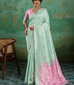Mint green & pink zari woven linen silk bend saree with floral motifs