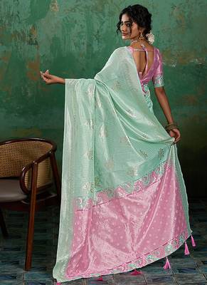Mint green & pink zari woven linen silk bend saree with floral motifs 2
