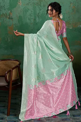 Mint green & pink zari woven linen silk bend saree with floral motifs