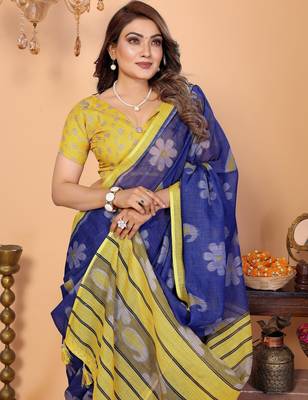 Soft linen cotton printed saree
with cotton tassles on pallu 
matching blouse 3
