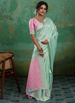 Mint green & pink zari woven linen silk bend saree with floral motifs 3