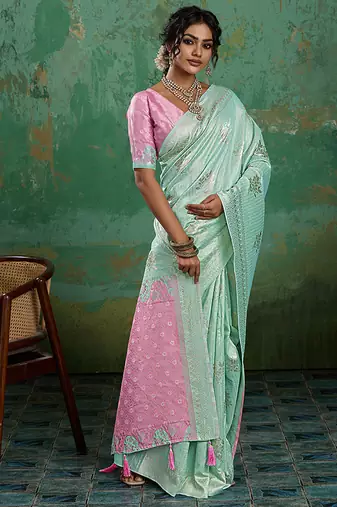 Mint green & pink zari woven linen silk bend saree with floral motifs