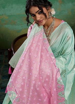 Mint green & pink zari woven linen silk bend saree with floral motifs 4