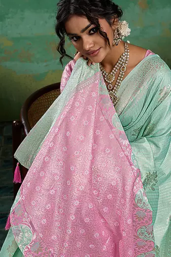 Mint green & pink zari woven linen silk bend saree with floral motifs