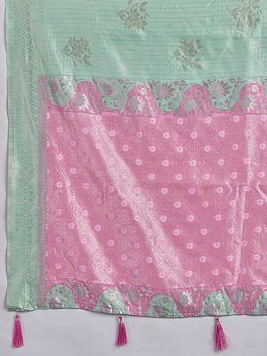 Mint green & pink zari woven linen silk bend saree with floral motifs 5