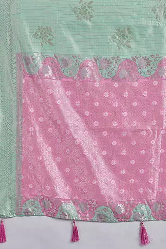 Mint green & pink zari woven linen silk bend saree with floral motifs
