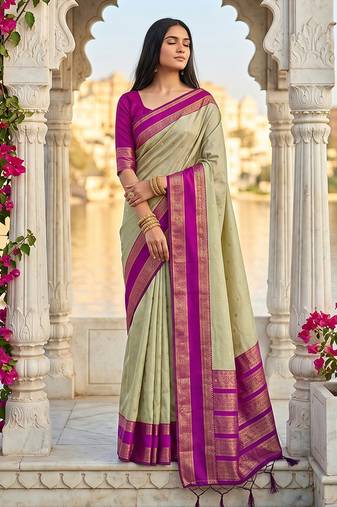 Light sage green & magenta zari woven banarasi silk blend saree