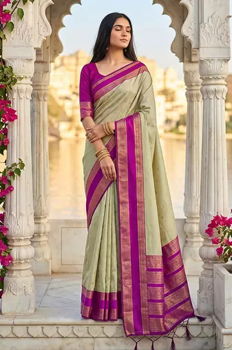 Light sage green & magenta zari woven banarasi silk blend saree