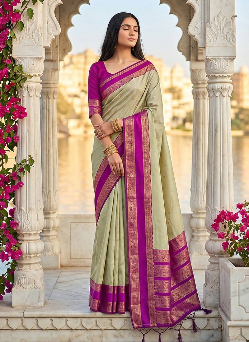 Light sage green & magenta zari woven banarasi silk blend saree
