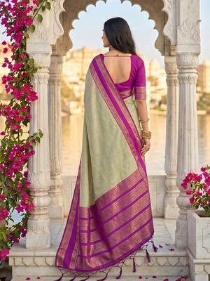 Light sage green & magenta zari woven banarasi silk blend saree 2