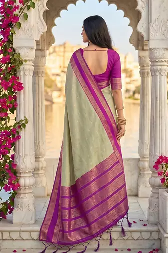 Light sage green & magenta zari woven banarasi silk blend saree