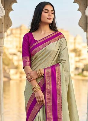 Light sage green & magenta zari woven banarasi silk blend saree 3