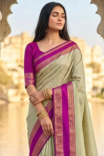 Light sage green & magenta zari woven banarasi silk blend saree