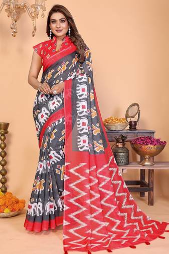 Soft linen cotton printed saree
with cotton tassles on pallu 
matching blouse
