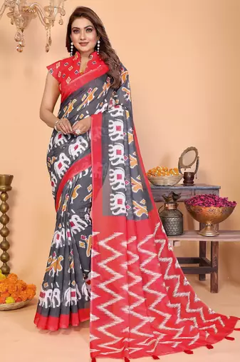 Soft linen cotton printed saree
with cotton tassles on pallu 
matching blouse