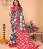 Soft linen cotton printed saree
with cotton tassles on pallu 
matching blouse