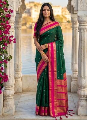 Dark green & rani pink zari woven banarasi silk blend saree 1