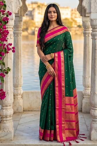 Dark green & rani pink zari woven banarasi silk blend saree