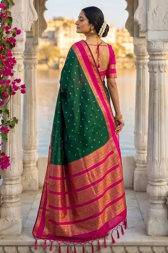 Dark green & rani pink zari woven banarasi silk blend saree