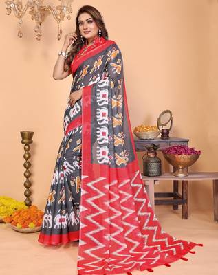 Soft linen cotton printed saree
with cotton tassles on pallu 
matching blouse 2