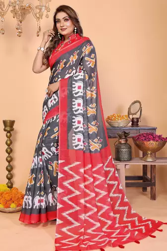 Soft linen cotton printed saree
with cotton tassles on pallu 
matching blouse