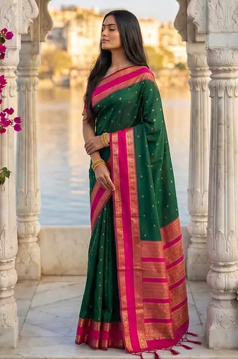 Dark green & rani pink zari woven banarasi silk blend saree