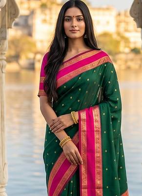 Dark green & rani pink zari woven banarasi silk blend saree 4