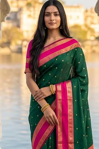 Dark green & rani pink zari woven banarasi silk blend saree