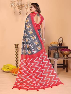 Soft linen cotton printed saree
with cotton tassles on pallu 
matching blouse 3