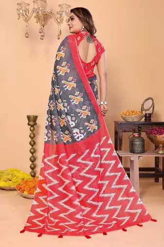 Soft linen cotton printed saree
with cotton tassles on pallu 
matching blouse