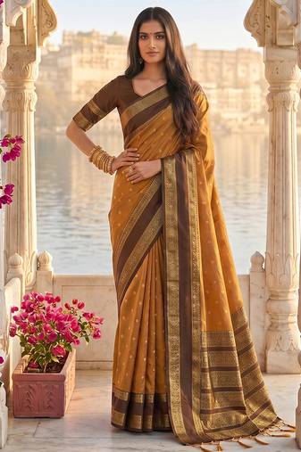 Rust & brown zari woven banarasi silk blend saree