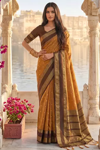 Rust & brown zari woven banarasi silk blend saree