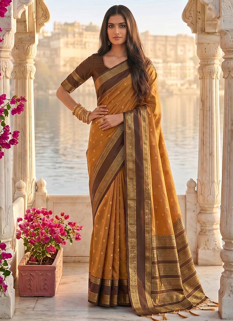 Rust & brown zari woven banarasi silk blend saree