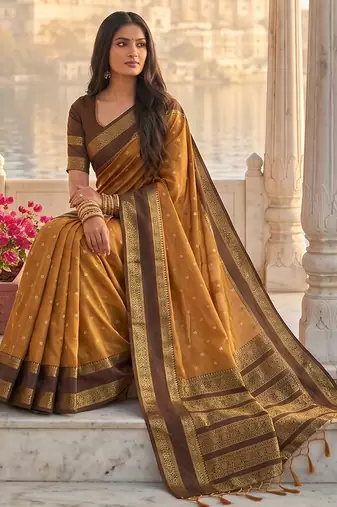 Rust & brown zari woven banarasi silk blend saree