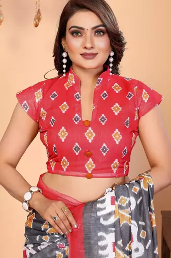 Soft linen cotton printed saree
with cotton tassles on pallu 
matching blouse