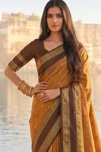 Rust & brown zari woven banarasi silk blend saree