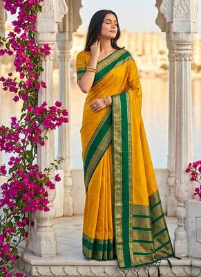 Mustard & green zari woven banarasi silk blend saree 1