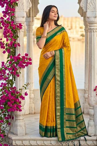 Mustard & green zari woven banarasi silk blend saree