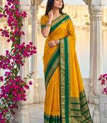 Mustard & green zari woven banarasi silk blend saree
