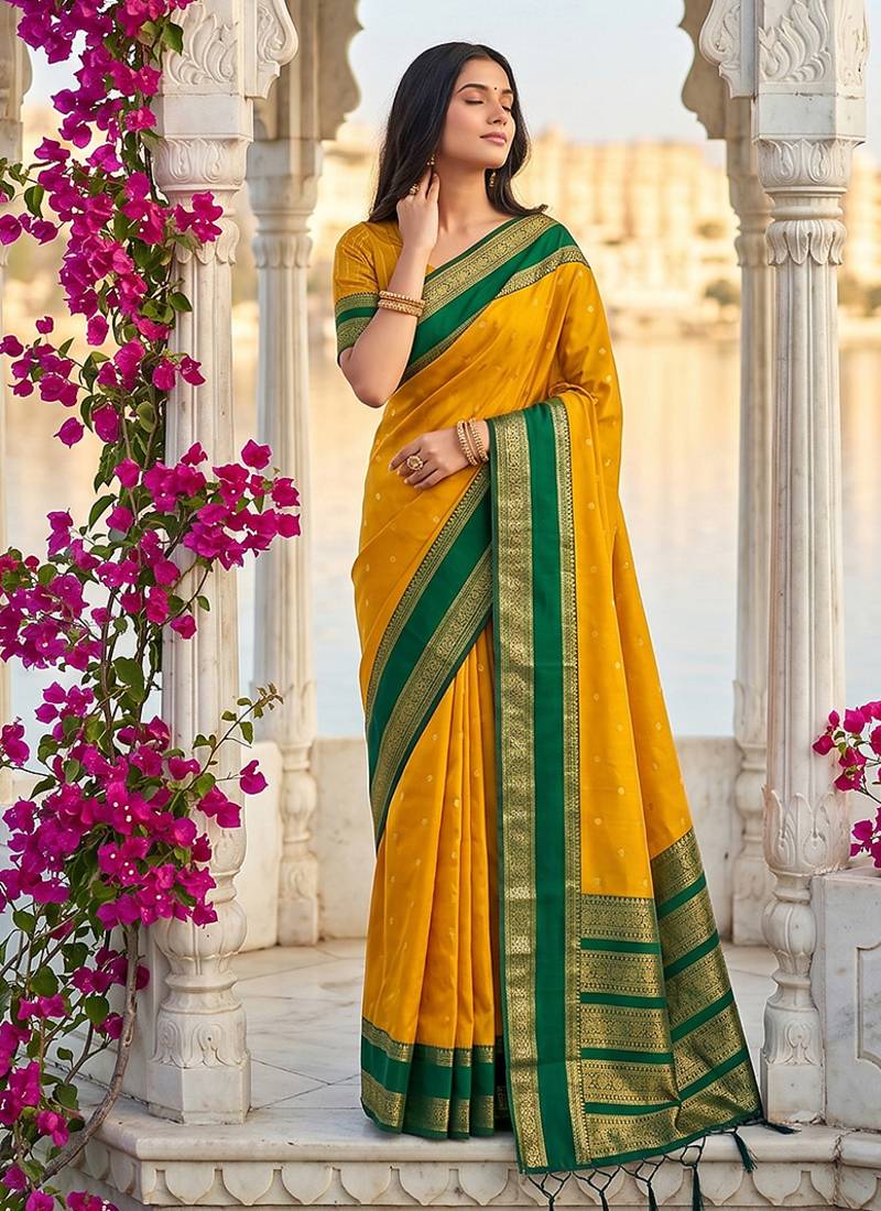 Mustard & green zari woven banarasi silk blend saree
