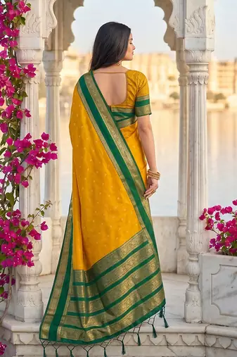Mustard & green zari woven banarasi silk blend saree