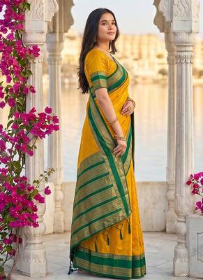 Mustard & green zari woven banarasi silk blend saree 3