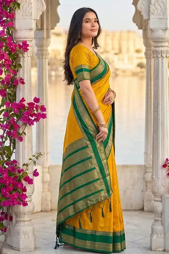 Mustard & green zari woven banarasi silk blend saree
