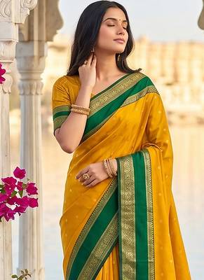 Mustard & green zari woven banarasi silk blend saree 4
