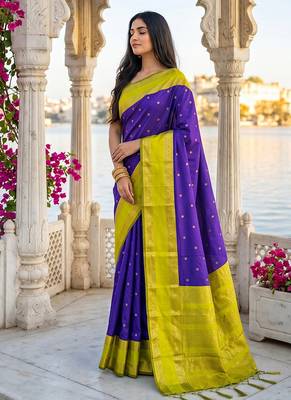 Purple & lime green zari woven banarasi silk blend saree 1