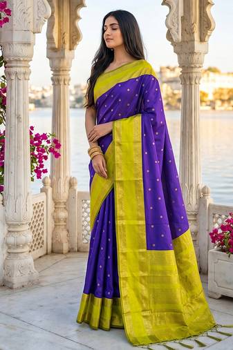 Purple & lime green zari woven banarasi silk blend saree