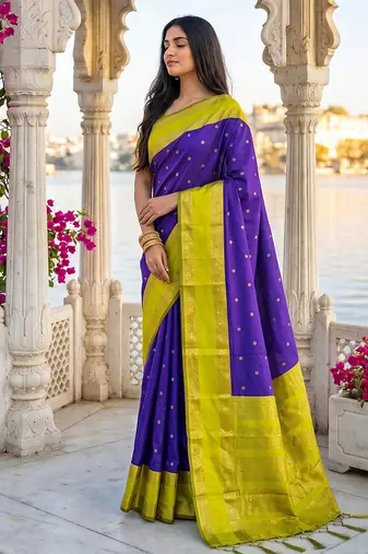 Purple & lime green zari woven banarasi silk blend saree