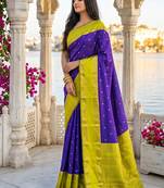 Purple & lime green zari woven banarasi silk blend saree