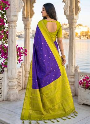 Purple & lime green zari woven banarasi silk blend saree 2